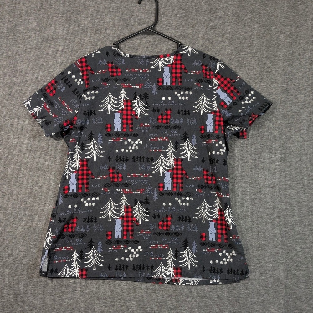 Scrubstar Gray Holiday Scrub Top Plaid Woodland Country 100% Cotton Sz M - Picture 2 of 7